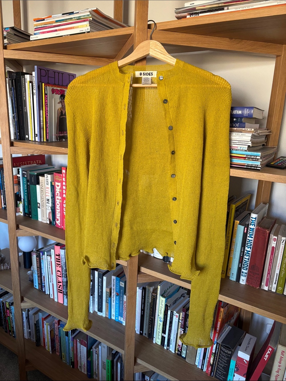 B SIDES Slim Ribbed Button-Front Cardigan in Mustard